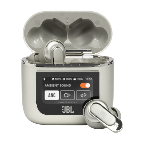 True Wireless слушалки JBL Tour Pro 2 в цвят Sand, отворена кутия с включен екран и една слушалка