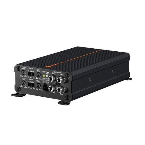 Amplificatorul auto Fosi Audio CA30, cu panoul de conexiuni și carcasa cu aripioare