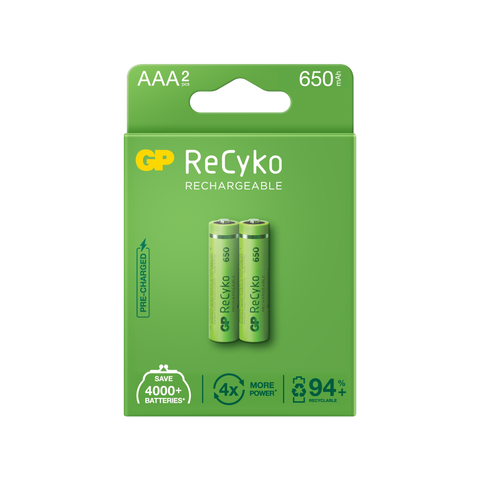 Baterii reincarcabile GP ReCyko AAA 650mAh (R03), ambalaj reciclabil 2pcs