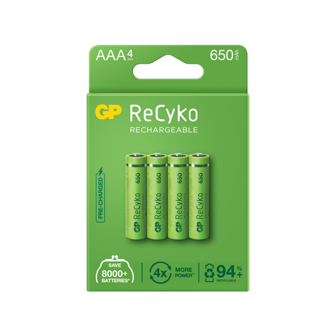Baterii reincarcabile GP ReCyko AAA 650mAh (R03), ambalaj reciclabil 4pcs