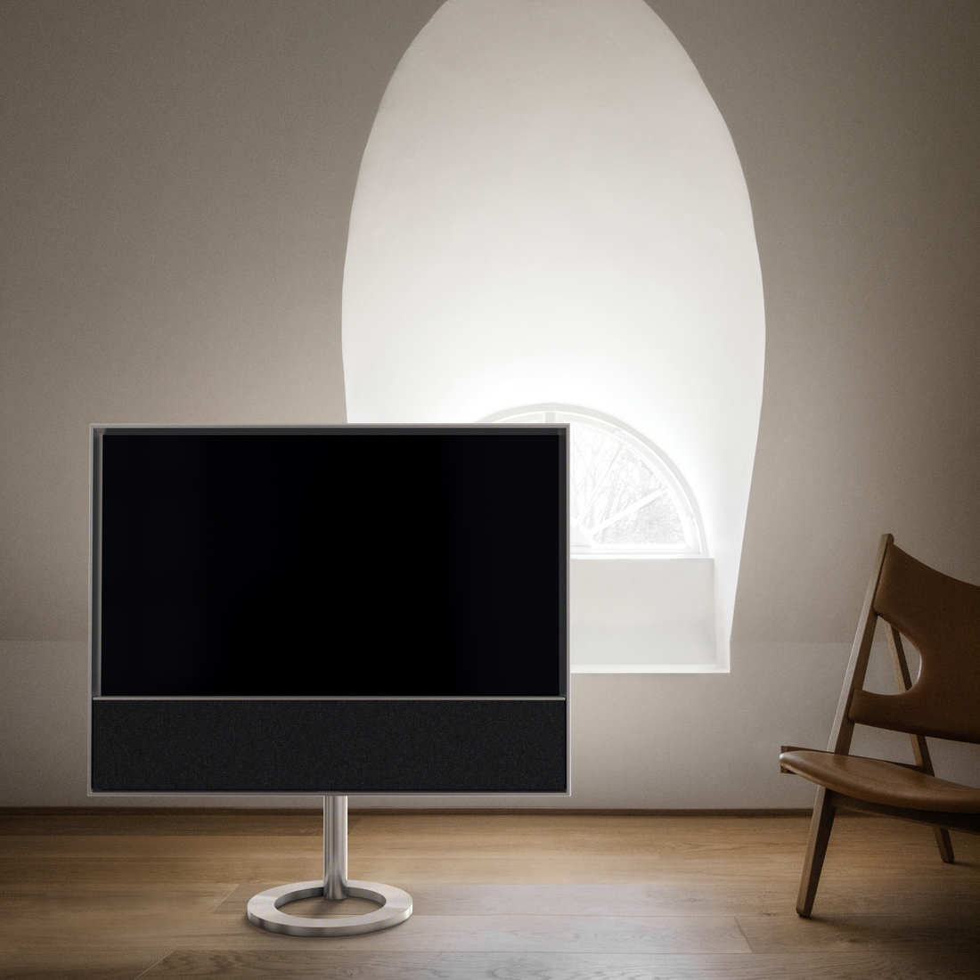 Beovision Contour 48" în finisaj Grey Melangé / Silver / Wall Bracket, pe fundal neutru.