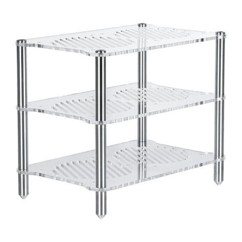 Rackul acrilic Fosi Audio cu trei niveluri, cu panoul frontal, comenzile și carcasa vizibile