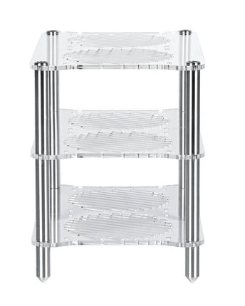 Rackul acrilic Fosi Audio cu trei niveluri într-o configurație audio de birou, alături de echipamente compatibile