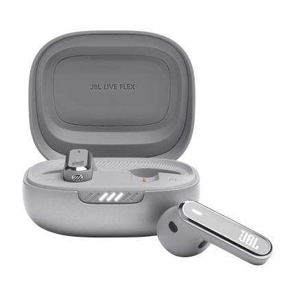 Слушалки JBL Live Flex, цвят сребрист, отворен калъф и слушалка до него