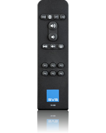 Telecomanda SVS Prime Wireless Pro Soundbase, văzută din față, cu butoanele de sursă, volum și presetări