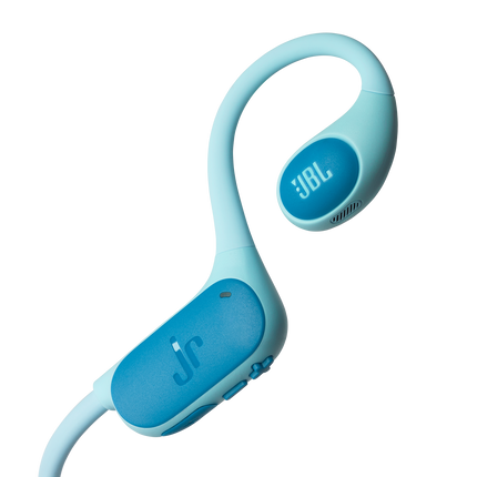 Детски open-ear слушалки JBL Junior Free в синьозелено, детайл на бутоните и логото Jr