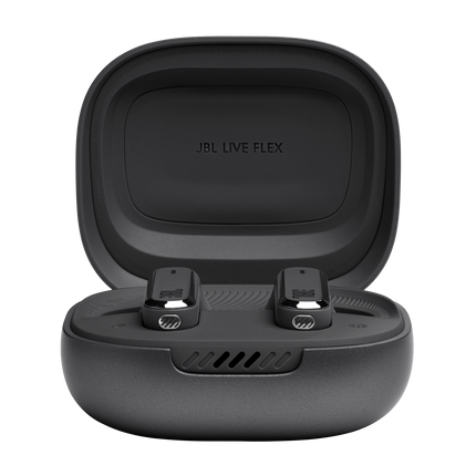 Слушалки JBL Live Flex, цвят черен, с отворен калъф за зареждане