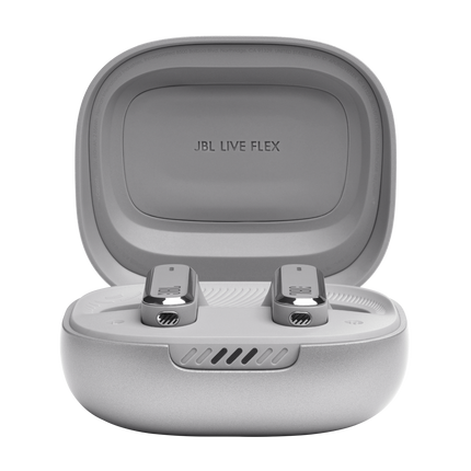Слушалки JBL Live Flex, цвят сребрист, с отворен калъф за зареждане