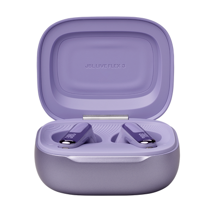 Слушалки JBL Live Flex 3, цвят лилав (Purple), с отворен калъф за зареждане