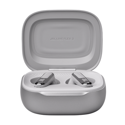 Слушалки JBL Live Flex 3, цвят сребрист, с отворен калъф за зареждане