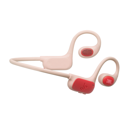 Детски open-ear слушалки JBL Junior Free в цвят праскова, лентата за врата и двете слушалки