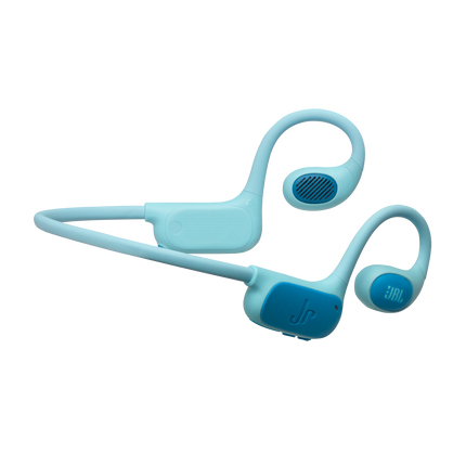 Детски open-ear слушалки JBL Junior Free в синьозелено, лентата за врата и двете слушалки