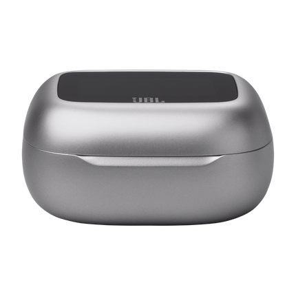 Слушалки JBL Live Flex 3, цвят сребрист, затвореният калъф, изглед отпред