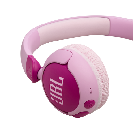 Безжични детски слушалки JBL Junior 320BT, лилави, детайл на чашката и възглавничката