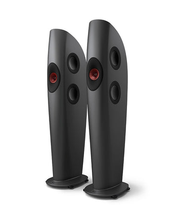 KEF Blade Two Meta, finisaj Charcoal Grey / Red, vedere din față și lateral