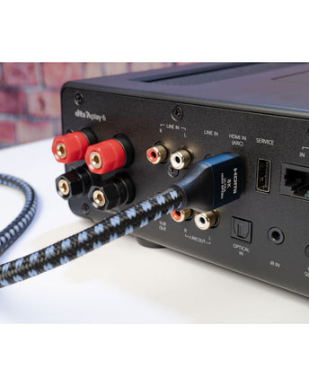 SVS Prime Wireless Pro Soundbase, prim-plan cu bornele de boxă și un cablu conectat