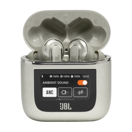 True Wireless слушалки JBL Tour Pro 2 в цвят Sand, отворена кутия със слушалките вътре
