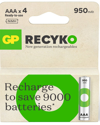 Baterii reincarcabile GP ReCyko AAA 950mAh (R03), ambalaj reciclabil 4pcs