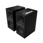Boxe active Klipsch The Nines in finisaj negru mat, fara masti, cu cornul Tractrix si wooferul vizibile