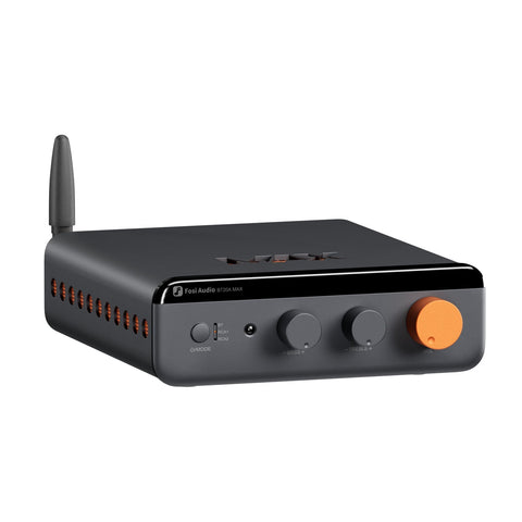 Amplificatorul Fosi Audio BT20A MAX, cu antenă și patru comenzi pe panoul frontal