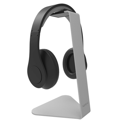 Стойка за слушалки Kanto Audio H1, сребриста, със слушалки, на черен фон