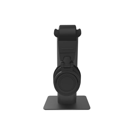 Kanto Audio H2 headphone stand in black, side view with headphones