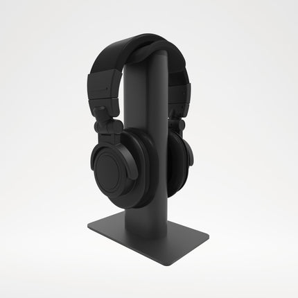 Kanto Audio H2 headphone stand in black, three-quarter view with headphones