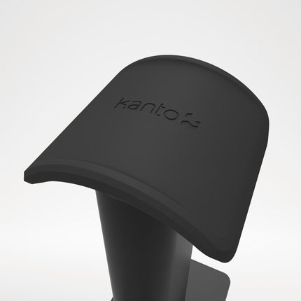 Close-up of the wide silicone cradle on the Kanto Audio H2 stand, with the Kanto logo
