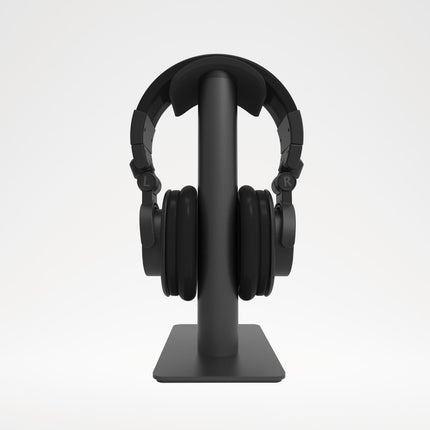 Kanto Audio H2 headphone stand in black, front view with over-ear headphones