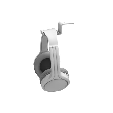 Закачалка за слушалки под бюро Kanto Audio HH, бяла, в профил, с окачени слушалки