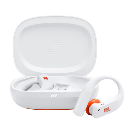 True wireless sport earbuds JBL Endurance Peak 4, White, earbuds with the open charging case