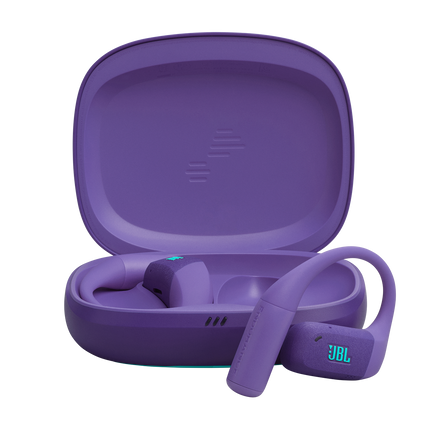 Спортни True Wireless слушалки с отворен дизайн JBL Endurance Zone, лилав цвят, слушалките и отвореният калъф за зареждане