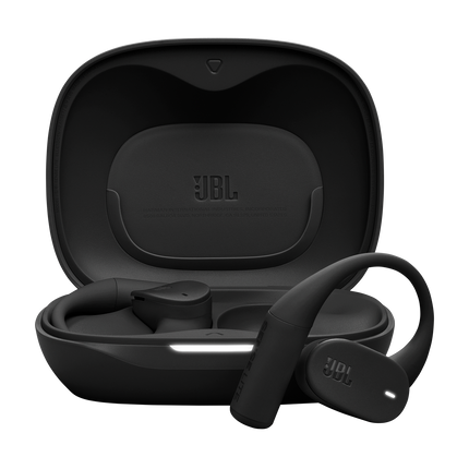 True Wireless слушалки с отворен дизайн JBL Sense Lite, черен цвят, слушалките и отвореният калъф за зареждане