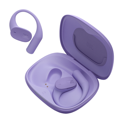 Căști open-ear True Wireless JBL Sense Lite, violet, căștile și carcasa de încărcare deschisă