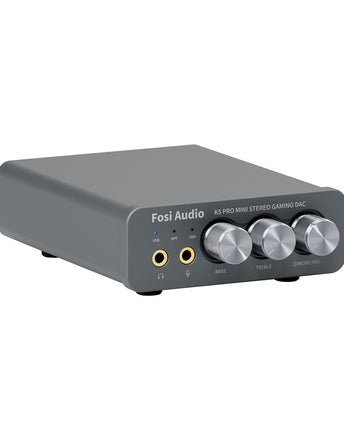 Fosi Audio K5 PRO, cu panoul frontal, comenzile și carcasa vizibile