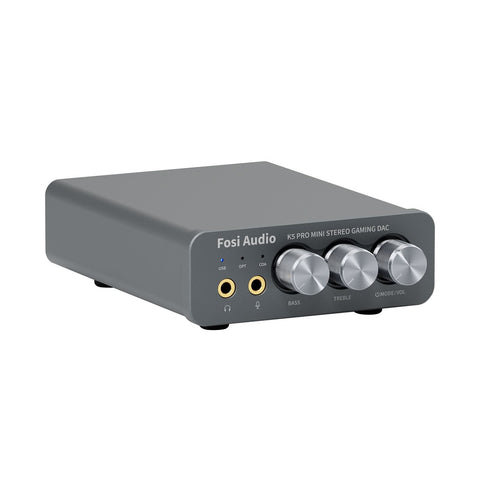 Fosi Audio K5 PRO, cu panoul frontal, comenzile și carcasa vizibile