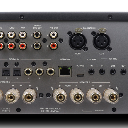 Panoul din spate al Rotel Michi Prestige X430: intrări RCA, XLR și phono, HDMI, intrări digitale, PC-USB și borne de boxe