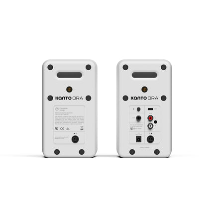 Boxe active Kanto Audio ORA albe, panourile din spate, cu conexiunile