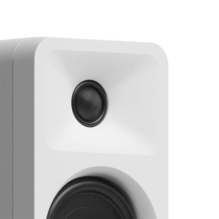 Boxe active Kanto Audio ORA albe, detaliu cu tweeterul cu dom de mătase