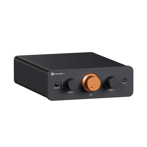 Fosi Audio P4, cu panoul frontal, comenzile și carcasa vizibile
