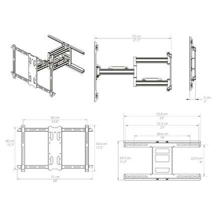 Desen tehnic Kanto PDX650 cu cote: 5–55 cm față de perete, placă de perete de 55,8 cm