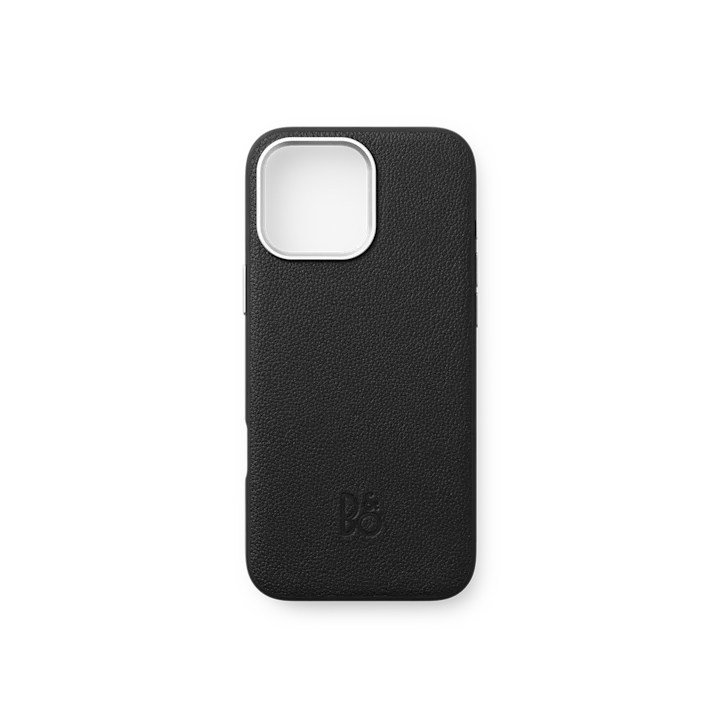 Leather Case iPhone 16 Pro în finisaj Infinite Black, pe fundal neutru.