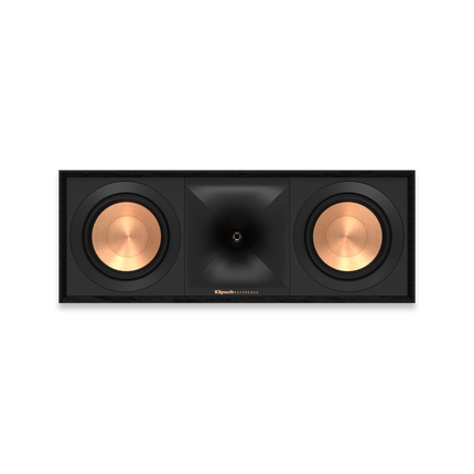 Boxa de centru Klipsch R-50C vazuta din fata, fara grila: hornul Tractrix cu tweeterul la mijloc si cate un woofer de cupru de fiecare parte