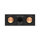Boxa de centru Klipsch R-50C vazuta din fata, fara grila: hornul Tractrix cu tweeterul la mijloc si cate un woofer de cupru de fiecare parte