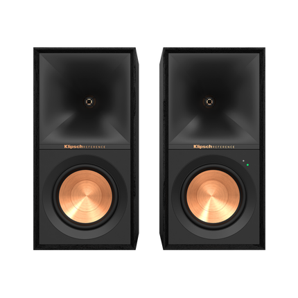 Perechea Klipsch R-50PM fara grile, cu pavilionul Tractrix si woofer-ele in nuanta de cupru la vedere