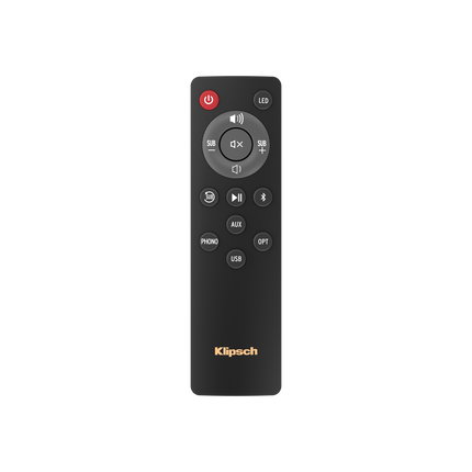 Telecomanda inclusa cu boxele Klipsch R-50PM, cu taste dedicate pentru phono, AUX, optic, USB si Bluetooth