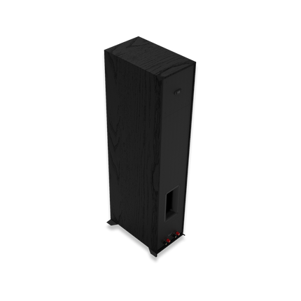 Boxa Klipsch R-600F vazuta din trei sferturi spate, cu portul Tractrix si bornele de conexiune