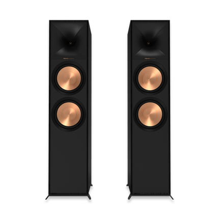 Doua boxe de podea Klipsch R-800F vazute frontal, fara grile, cu hornul Tractrix deasupra wooferelor