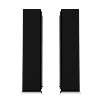 Doua boxe de podea Klipsch R-800F vazute frontal, cu grilele magnetice montate