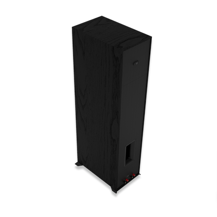 Spatele boxei Klipsch R-800F in unghi, cu portul Tractrix si placa de borne